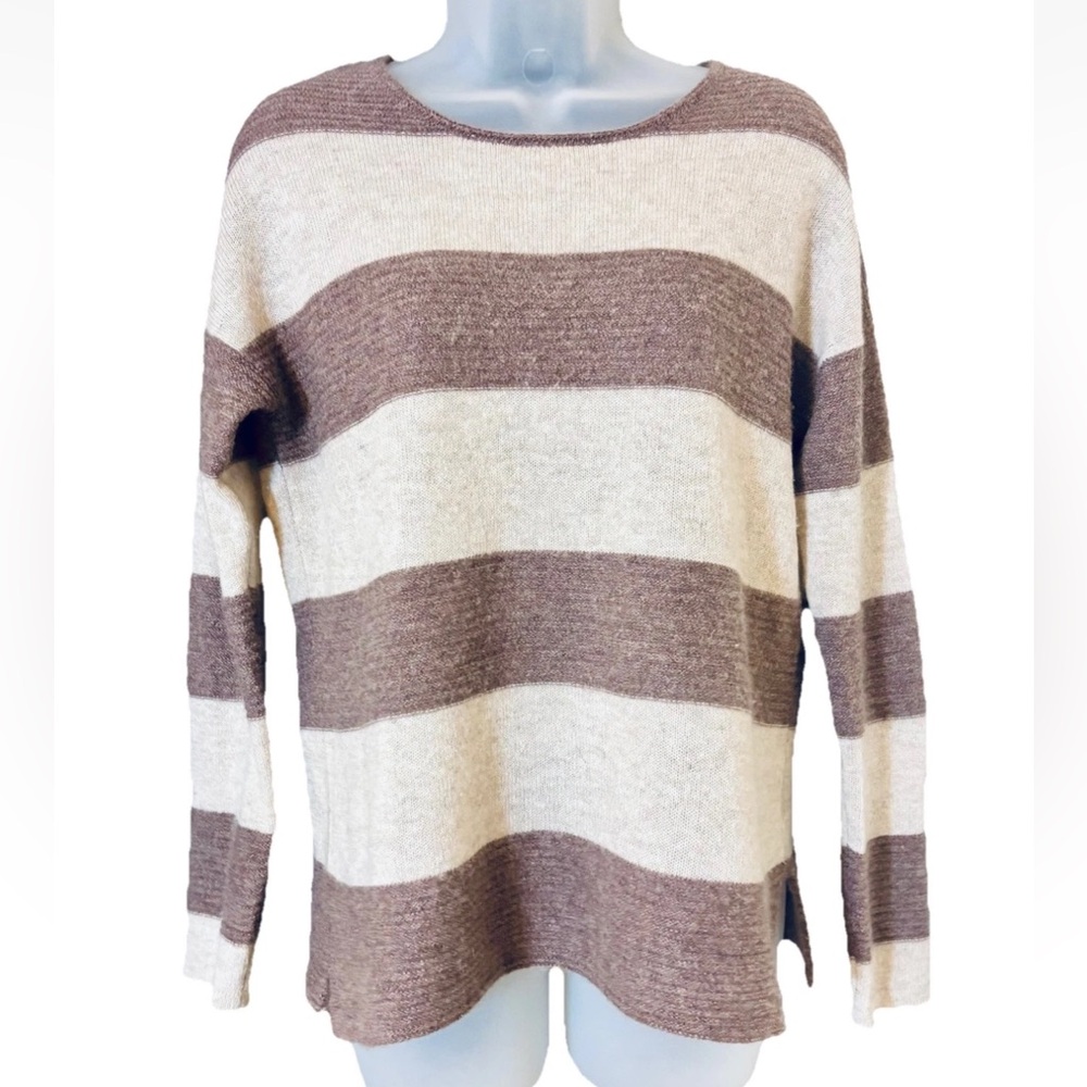 Lusso 100% Cashmere Logan Sweater Women's Size XS Caramel Combo Striped Cream